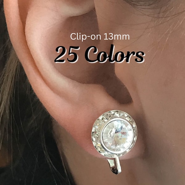 25 colors, 13mm Clip on Earrings, Silver or Gold finish, Austrian crystal earrings, 1/2" (13mm) Setting