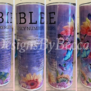 Bible Emergency numbers tumbler - butterflies - faith - cross - purple
