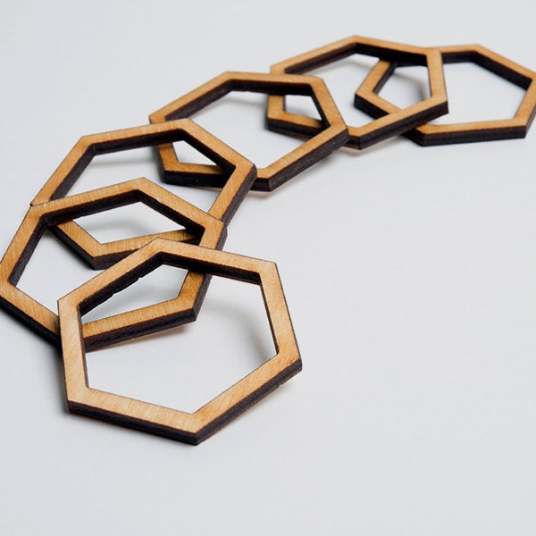 6 laser cut hexagon frames. Unfinished wood. Jewelry supply. Laser cut wood hexagon frames.