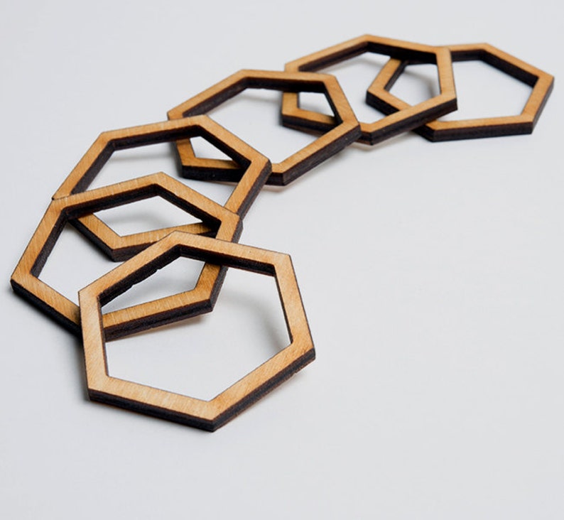 6 laser cut hexagon frames. Unfinished wood. Jewelry supply. Etsy