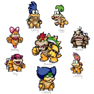 Può includere: Immagine pixelata con personaggi del franchise di Super Mario. L'immagine include Bowser e sette Koopalings: Larry, Iggy, Wendy, Roy, Morton, Lemmy e Ludwig. Ogni personaggio è raffigurato in una posa distinta con colori unici.
