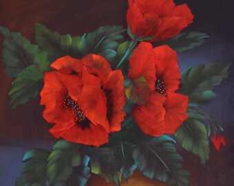 Bob Ross Inspired flower Oil Painting oil on Canvas Original Painting - Red Poppy on Clay Pot - 18" X 24"