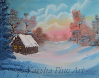 Bob Ross Inspired Landscape Oil Painting oil on Canvas Original Painting - Lonely Retreat - 18" X 24", snow, wood cabin painting