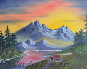 Original Mountain Sunset Oil Painting – Cabin Landscape Art (18" x 24")