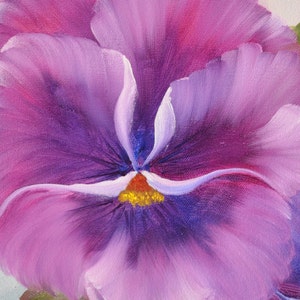 May include: A close-up of a purple and pink pansy flower with a yellow center. The flower is painted in a realistic style and has a soft, delicate appearance.