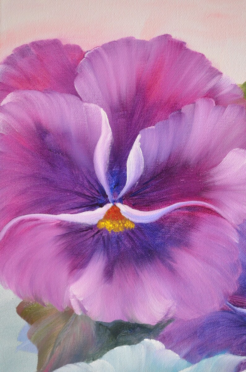 May include: A close-up of a purple and pink pansy flower with a yellow center. The flower is painted in a realistic style and has a soft, delicate appearance.
