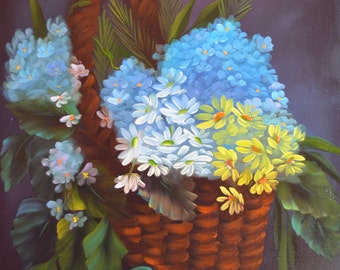 Oil on Canvas Original Painting - Basket of Daisy and Cluster Flowers - 18" X 24"