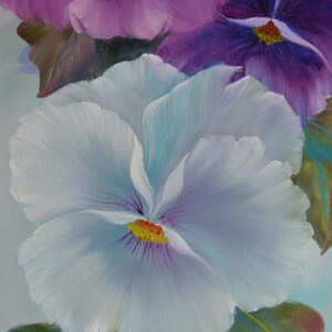 May include: A painting of three pansies, one white with purple accents, and two purple with white accents. The pansies are painted in a realistic style with visible brushstrokes.
