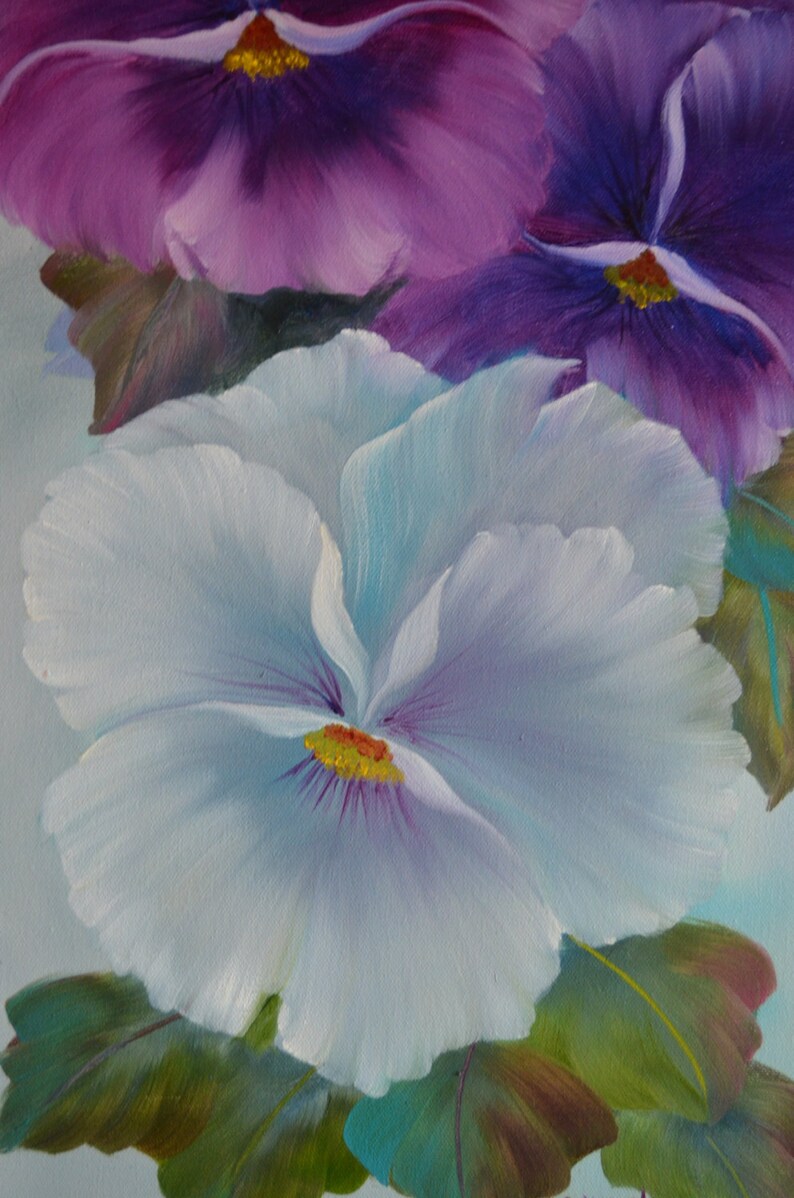 May include: A painting of three pansies, one white with purple accents, and two purple with white accents. The pansies are painted in a realistic style with visible brushstrokes.