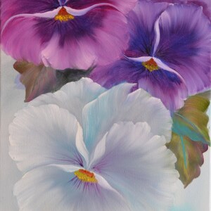 May include: A painting of three purple and white pansies with green leaves. The pansies are painted in a realistic style with soft, blended colors. The painting is signed "Varsha Fine Art" in the bottom right corner.