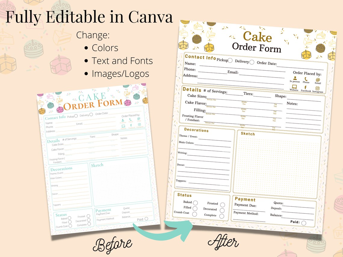 Bakery Order Form Template Bundle, Printable PDF, Editable Canva