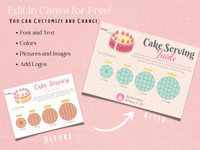 Heart Cake Serving Guide 2x2 Slices, Printable PDF, Editable Canva
