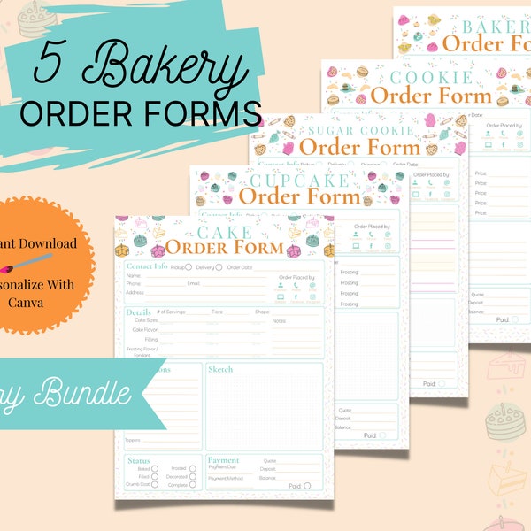 Lot de modèles de formulaire de commande de boulangerie, PDF imprimable, modèle canva modifiable, formulaires pour la boulangerie, modèle de formulaire de commande de gâteau, bon de commande de biscuits
