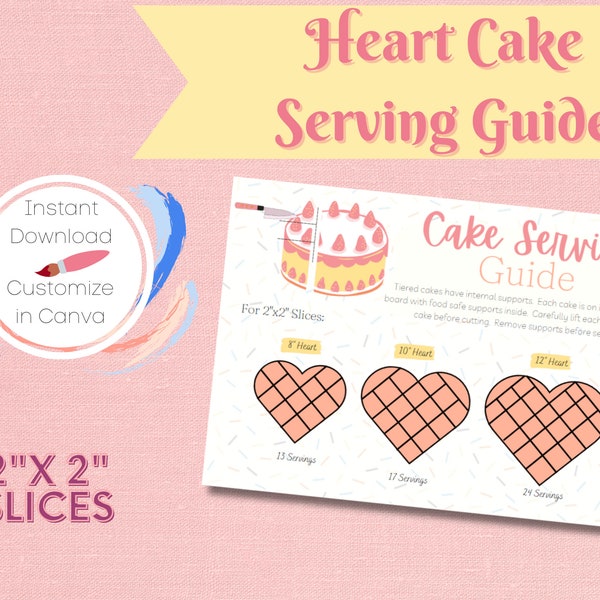 Heart Cake Serving Guide 2"x2" slices, Printable PDF, Editable Canva Template, Heart Cake Cutting Guide, Heart Cake Slice Instructions