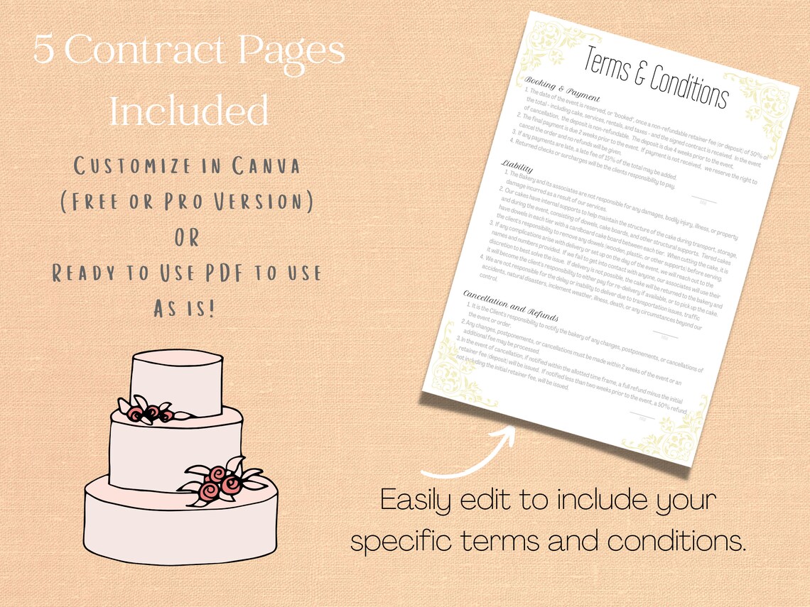 Cake Contract, Printable PDF, Editable Canva Template, Wedding Cake Cake Contract, Printable PDF, Editable Canva Template, Wedding Cake