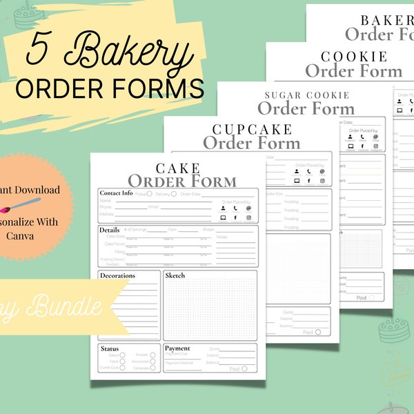 Lot de formulaires de commande de boulangerie, PDF imprimable, modèle de toile modifiable, modèle de boulangerie, modèle de formulaire de commande de gâteau