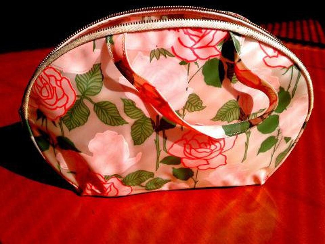 Vintage Cosmetic Case Floral Pink Roses Midcentury Vinyl Etsy