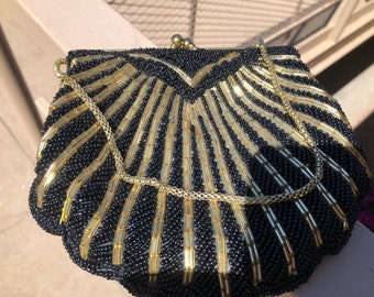 Vintage Beaded Gold Black Evening Bag