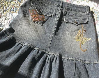 Junior Denim Skirt, Vintage JouJou Stevie Nicks Style Sequined, festival, gypsy beaded Bohemian Embroidery Butterfly Ruffle Skirt Size 7/8