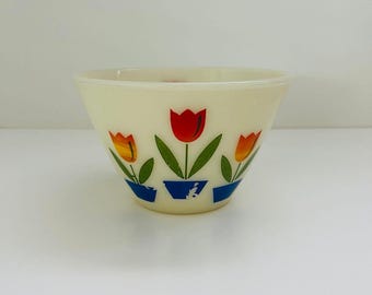 FIRE KING Milk Glass Ovenware Red, Orange, Yellow Tulips Small Mixing Bowl 1 Qt