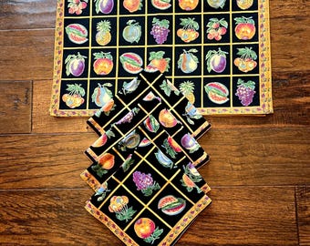 April Cornell Fruit Placemat & Napkin Set of 4 Black Background Vibrant Colors Cotton Vintage