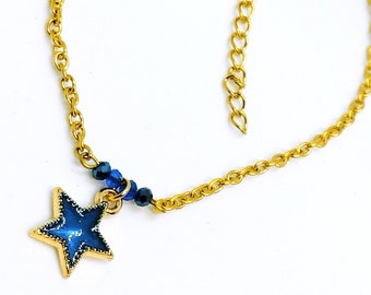 Gold Stainless Steel Anklet Bracelet with Blue Enamel Star, Minimalist Dainty Foot Jewelry, Discreet Anklet, Delicate Jewelry with crystals