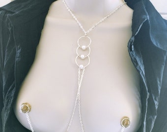 Pearl Tri Circle Necklace to Nipples, Non Piercing Nipples, Sexy Body Chain, Goddess Jewelry, Kinky slave, BDSM women sex toy