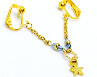 Gold Stainless Steel Labia Chain with  Blue Crystal and dangle Star, Non Piercing Vagina Lip Clips, Hotwife, Genital Jewelry, women sex toy