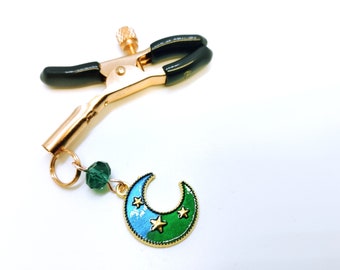 Clit Clip Adjustable in Rose Gold with Blue Enamel Moon and Stars, Non Piercing Clitorial Clamp, Hotwife gear, Genital Jewelry, sex toy