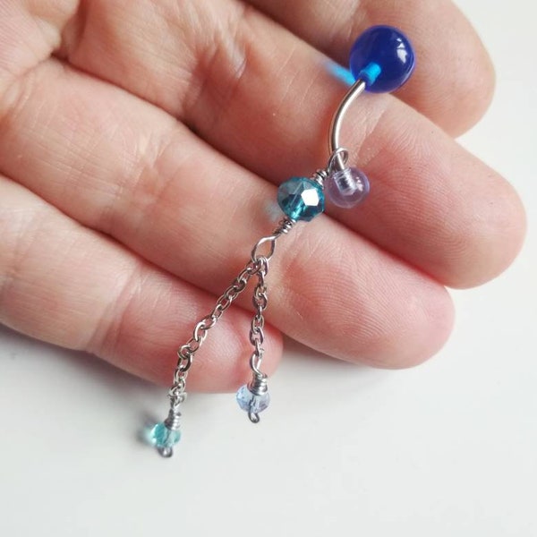 Belly Button Dangle Piercing Jewelry, Blue Curve barbell with crystal Tassels, Navel Stainless Steel Curve Bar