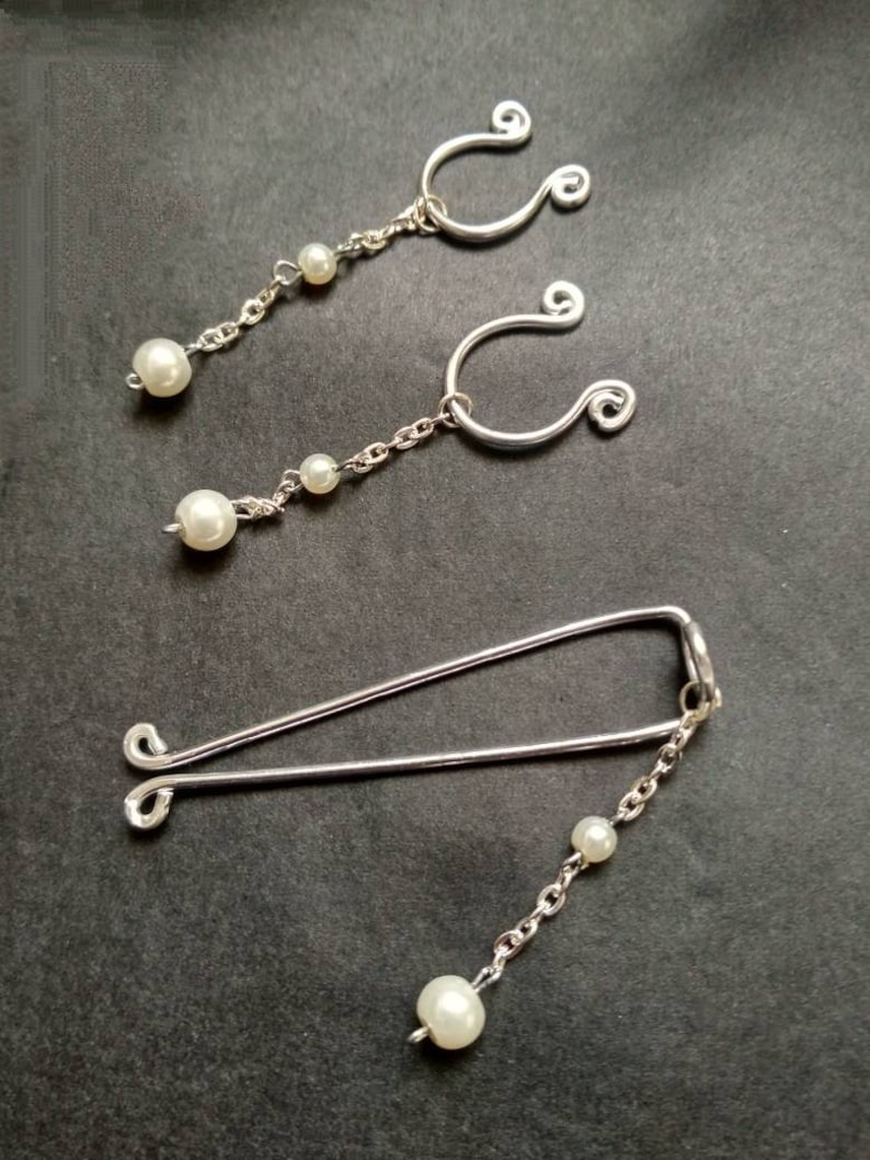 Pearl Clit Clip and Nipple Ring Set, Non Piercing Clitoral Jewelry Set, Chain Nipple clamps, Fake Nipple Jewelry, sex toy bdsm 