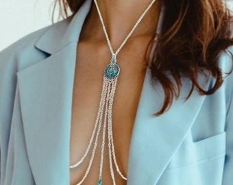 Boho Turquoise Nipple Chain Necklace: Non Piercing Body Jewelry