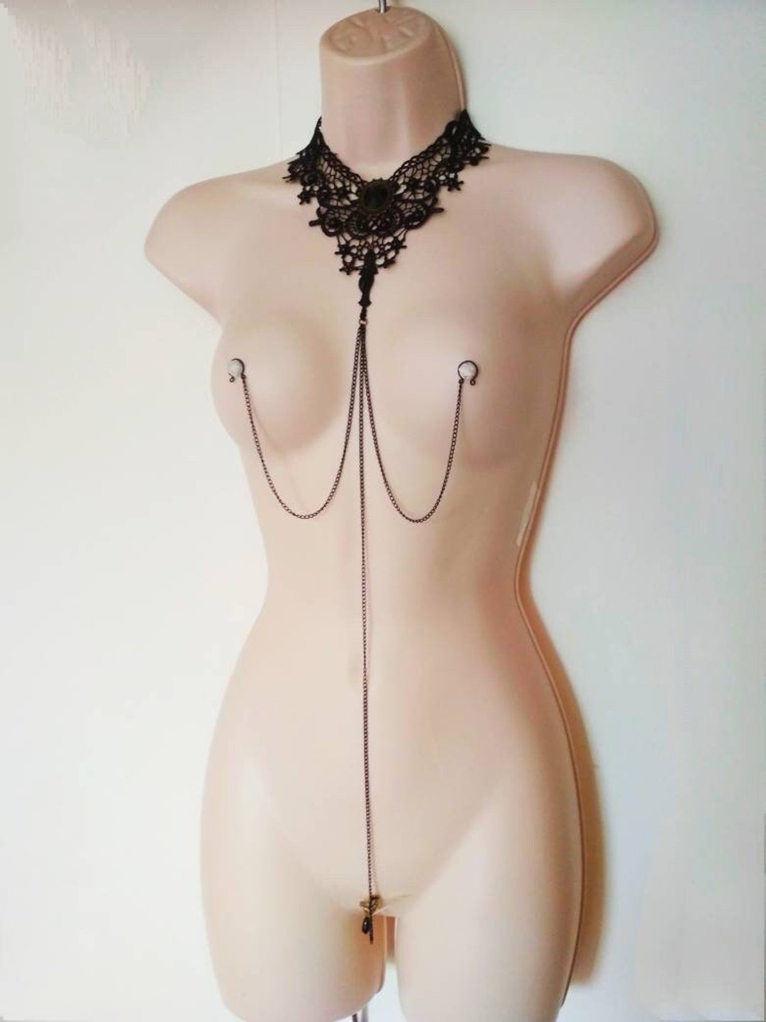 Black Choker Necklace to Clit Clip and Nipple Chains Domina photo pic