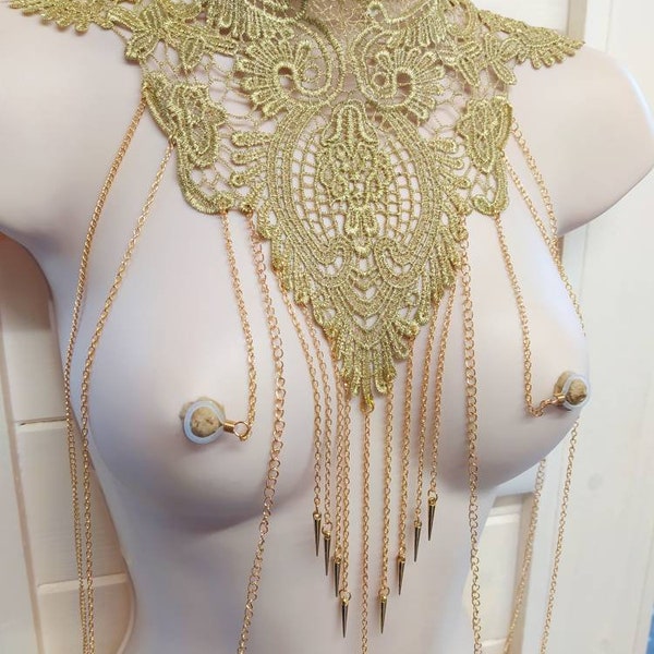 Gold Choker Necklace to Clit Clip and Nipple Chains, Domina Lingerie, Sexy Stripper Nipple rings, Fetish, BDSM Mature, Kinky BDSM sex toys