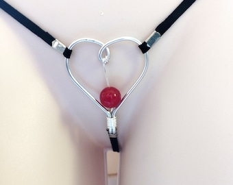 Women G-string Clitorial Stimulator with Garnet Stone, Heart Shape Crotchless Lingerie, Sexy underwear, Mature BDSM sex toys