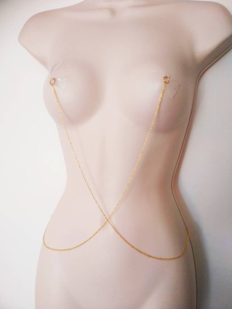 Nipple Jewelry, Nipple Chain, Nipple Barbell Noose Necklace, Sexy gold Body Chain Bar, Nipple Rings, Bondage Mature, BDSM sex toys image 9