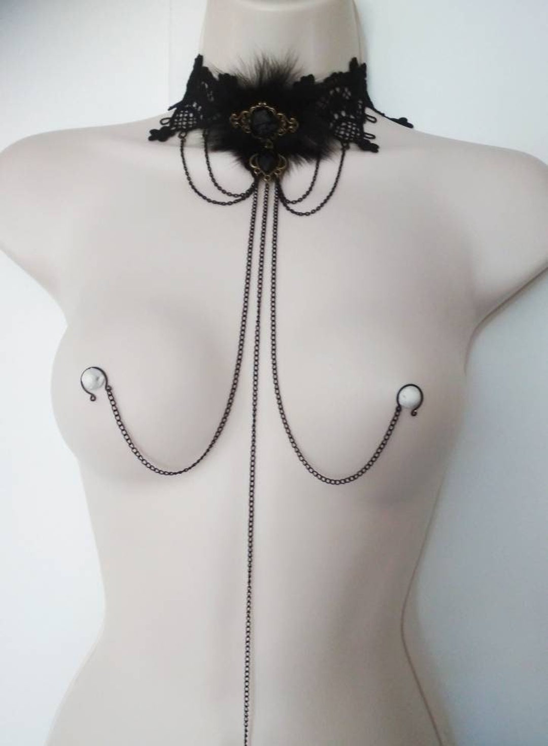 Black Choker Necklace to Nipple Chain and Clit Clip Kinky