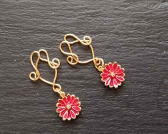 Adjustable Clip On Nipple Rings: Copper Wire, Red Enamel Flower Jewelry