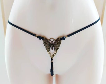 Butterfly Open Crotch Chain, XXX Open lingerie, Sexy Open panties Bikini Chain with woodl beads Intimate hotwife gear, Mature mature sex toy
