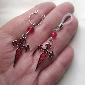 Non Piercing Nipple Rings with Retro Dangle Garnet Enamel Cross, Pair of Sexy Intimate Not Pierced Nipple Jewelry, Mature sex toy gift