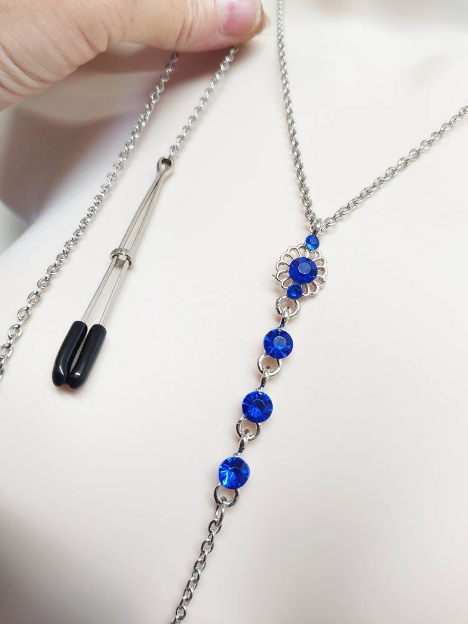Necklace to Clit Clamp Blue glass Necklace with Clit Tweezer Etsy