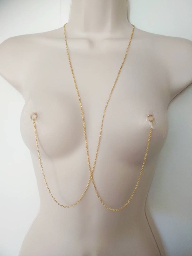 Nipple Jewelry, Nipple Chain, Nipple Barbell Noose Necklace, Sexy gold Body Chain Bar, Nipple Rings, Bondage Mature, BDSM sex toys image 1