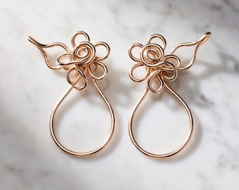 Adjustable Clip On Nipple Rings: Copper Wire Flower & Leaf Charm, Non Piercing Jewelry