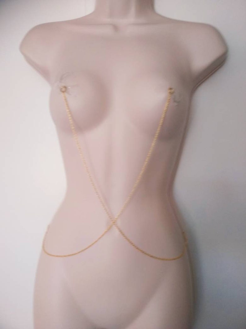 Nipple Jewelry, Nipple Chain, Nipple Barbell Noose Necklace, Sexy gold Body Chain Bar, Nipple Rings, Bondage Mature, BDSM sex toys image 2