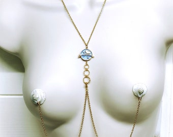 Removable Nipple Chain Jewelry Necklace Cat on Moom, Non Piercing Nipples of your choice, Handmade Stainless Steel Chain, BDSM Jewelry