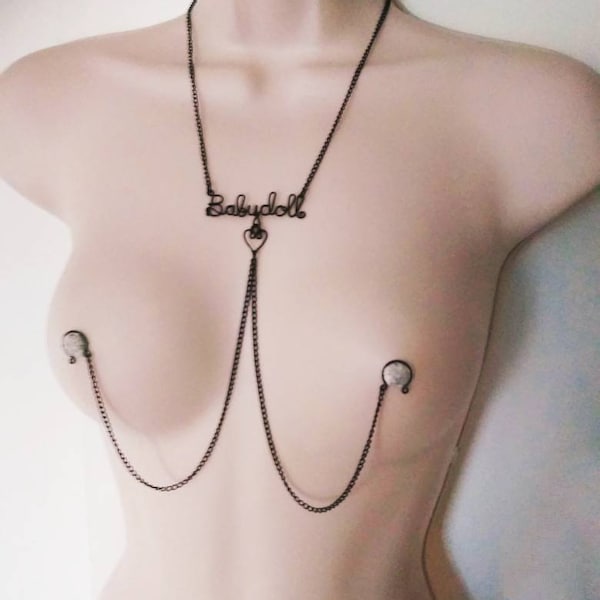 DDLG Personalised jewelry, Babydoll Name Necklace to Nipple Chain, Sexy Non Piercing Nipples, Intimate Erotic Lingerie, Mature BDSM sex toy