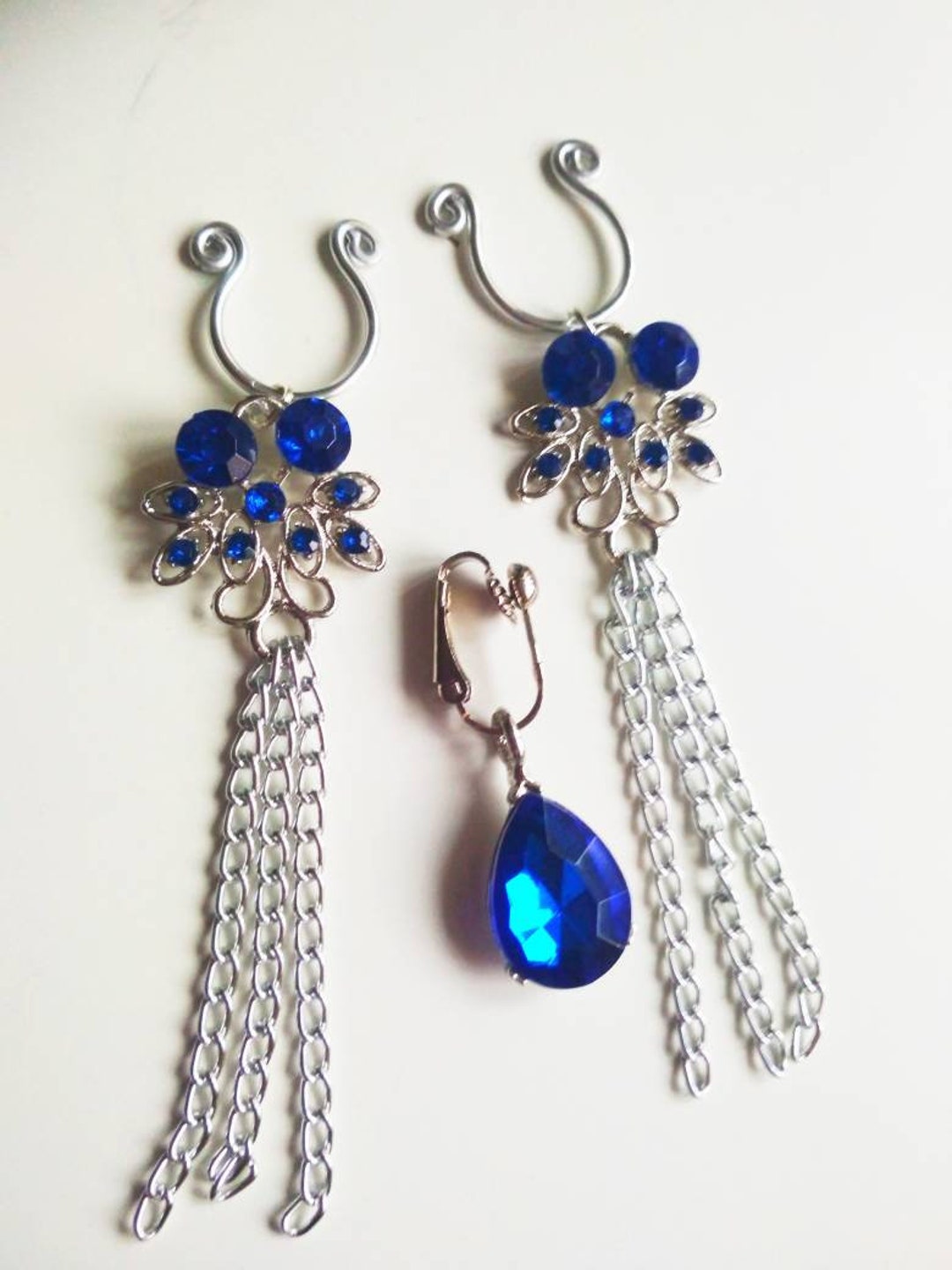 Sapphire Blue Clit Clip and Nipple Rings With Dangle Chains, Non
