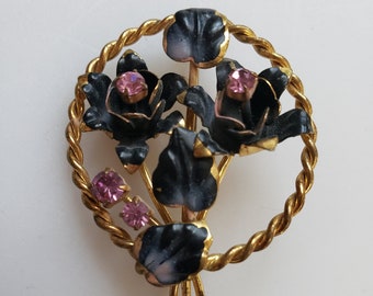 Vintage Costume Jewelry - Black Roses & Pink Austrian Crystals Brooch