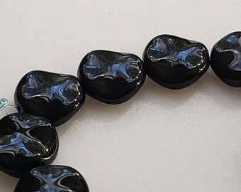 Vintage Czech Pressed Glass Black Wavy Wafer Beads Rare Shape 12 PCS