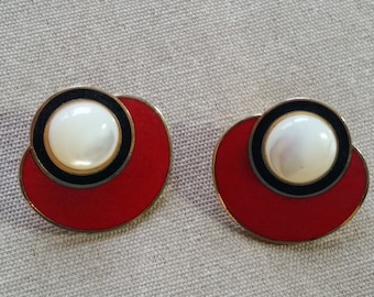 Vintage Meow Enamel Pierced Earrings Red White & Black